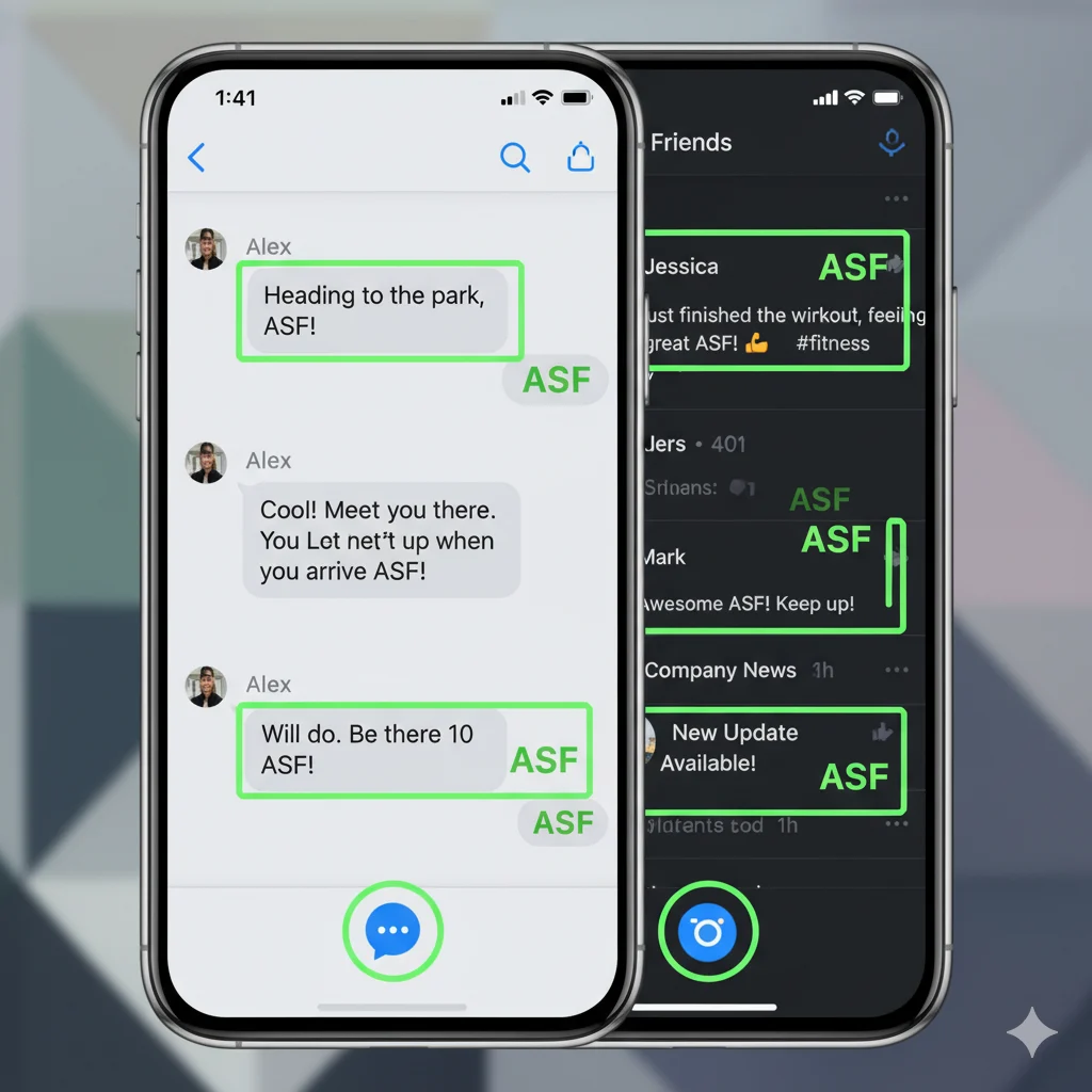 Different app screens showing ASF used in texting and social media contexts.