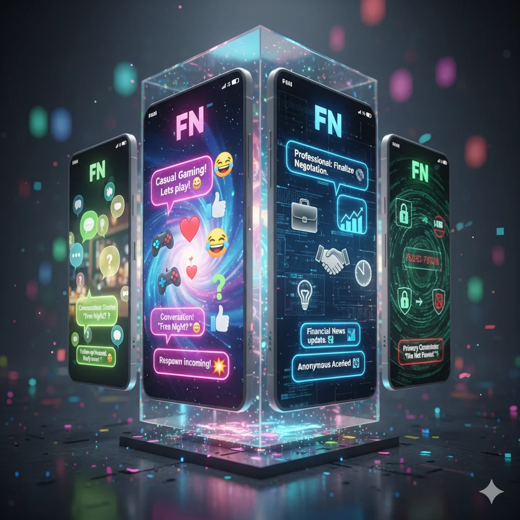 Example responses to FN meaning For Now and Fortnite in casual, gaming, and professional contexts.