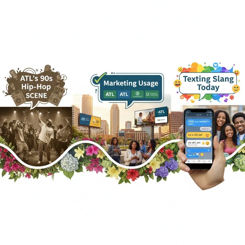 Timeline showing ATL evolution from music slang to marketing term and modern texting abbreviation.