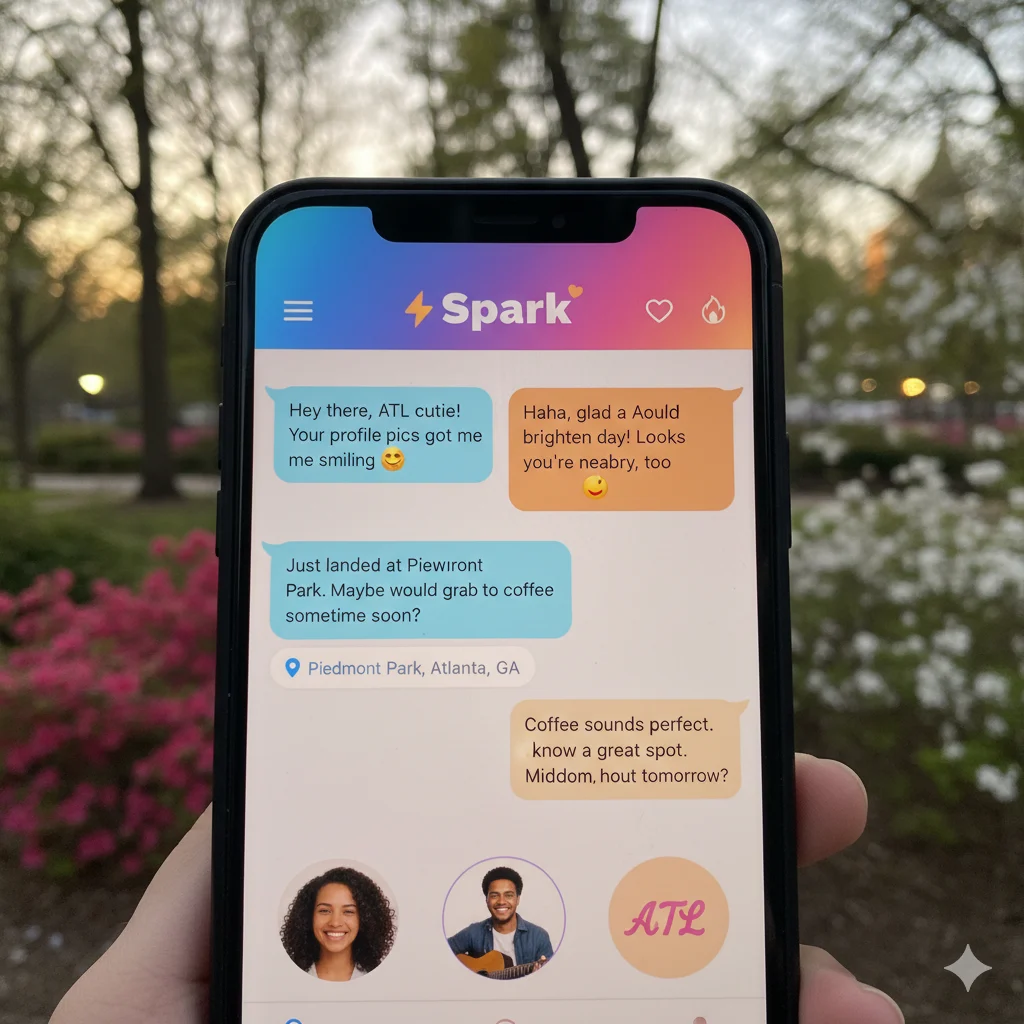 Dating app screen showing ATL used as affectionate and location-based messages.