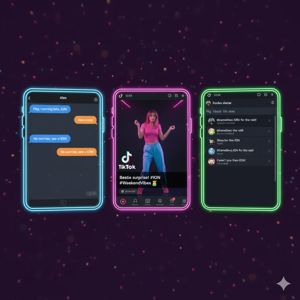 Examples of ION meaning in casual chats, social media, and memes.