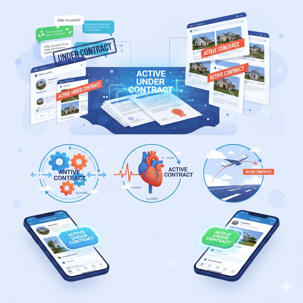 Visual showing different contexts where Active Under Contract is used, from social media to real estate.