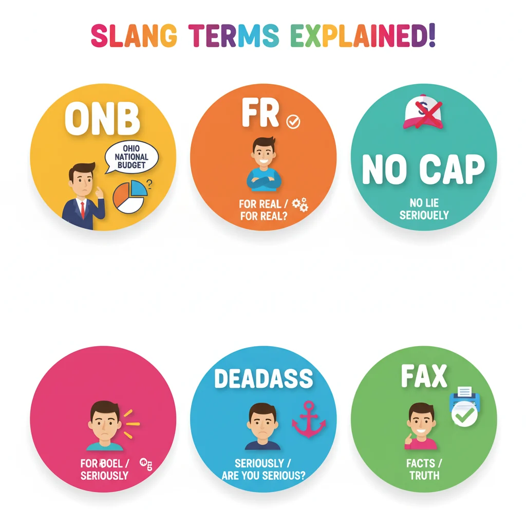 Chart showing ONB and related slang like FR, NO CAP, and DEADASS with meanings and emojis.