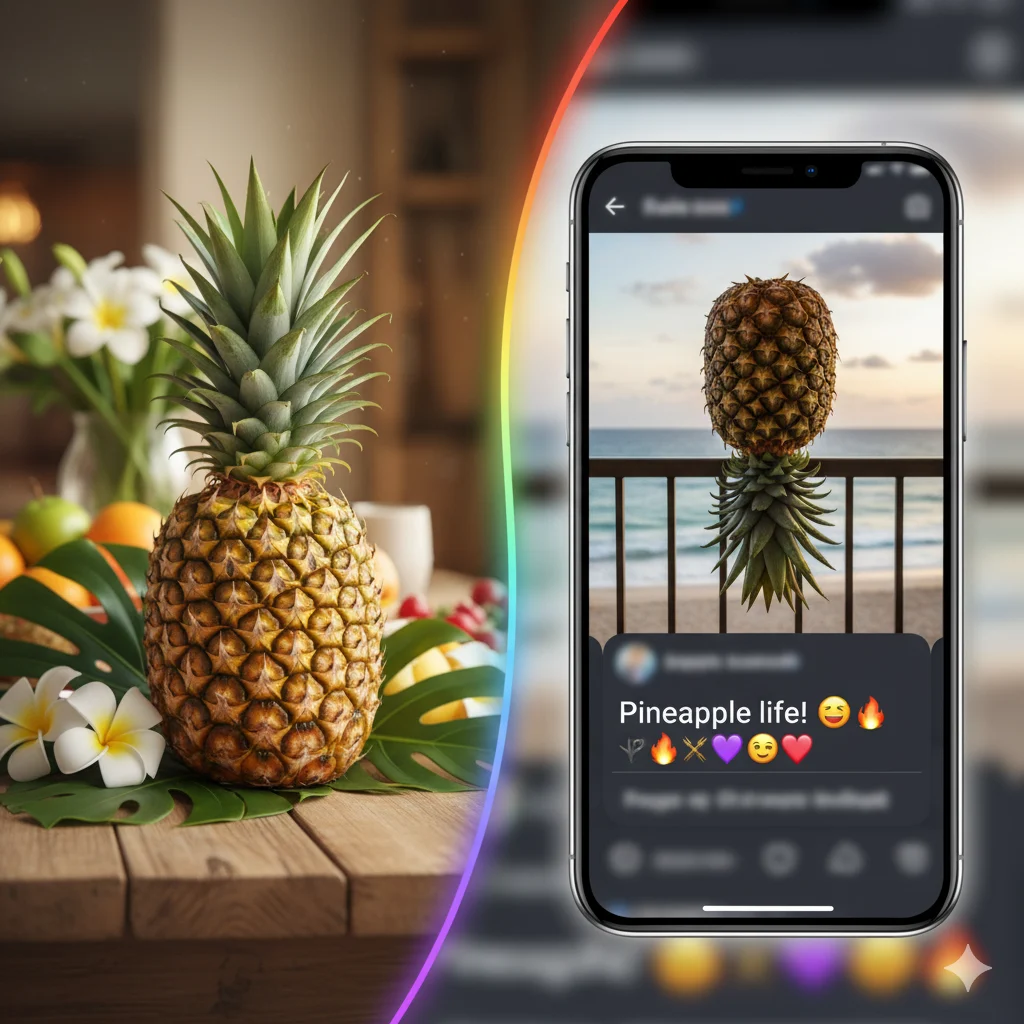 Regular pineapple versus upside down pineapple symbol in social media and decor.”