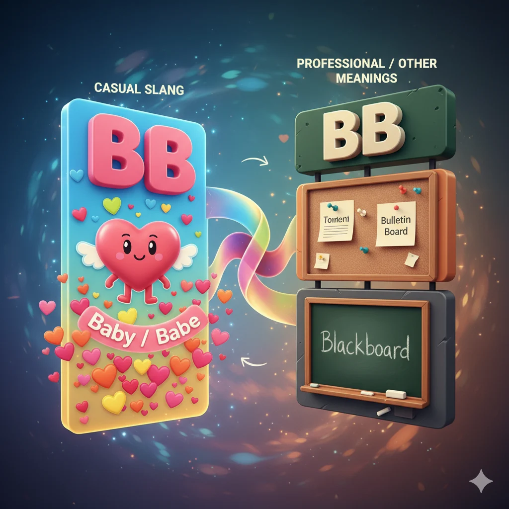BB meaning infographic showing slang meaning as baby/babe and professional usage