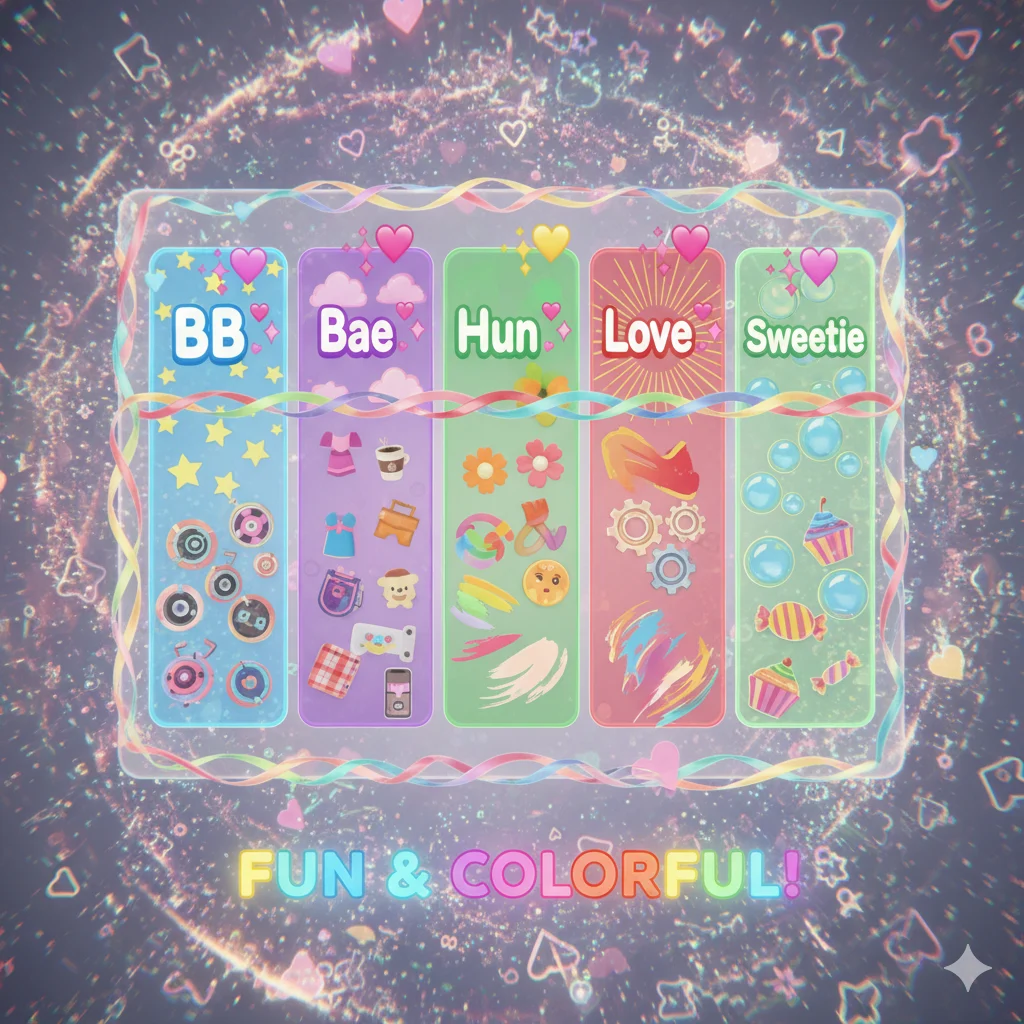 BB and similar terms illustration showing Bae, Hun, Love, and Sweetie with emojis