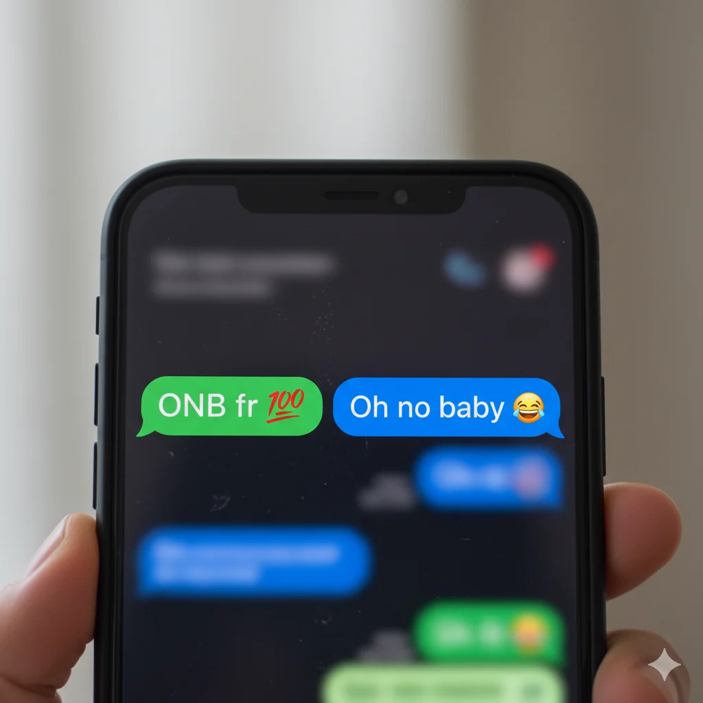 Phone chat showing both serious and funny meanings of ONB to illustrate its different uses in texting.