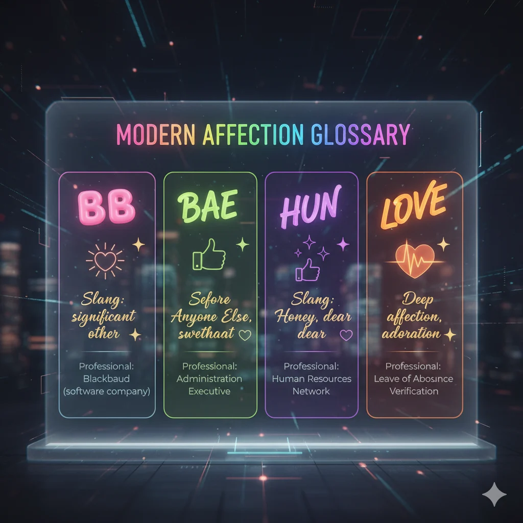 Differences between BB, Bae, Hun, and Love infographic illustration