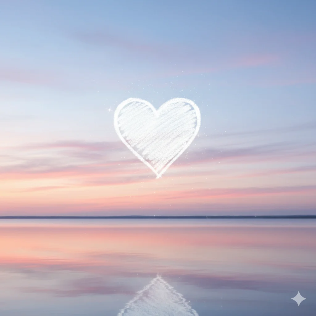 Soft glowing white heart symbolizing peace, purity, and calm emotion.