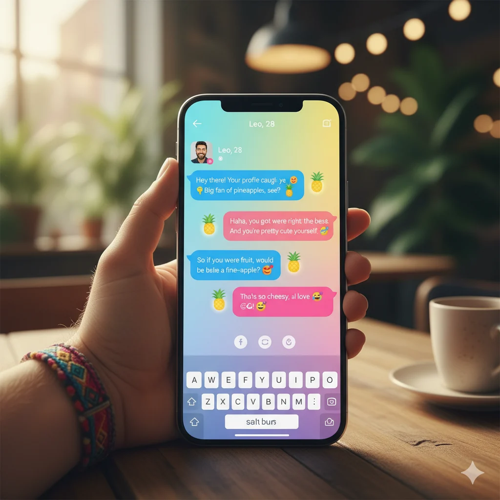 Upside down pineapple emoji used on dating app chat.