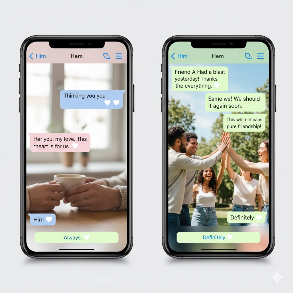 Comparison of white heart emoji used in romantic and platonic conversations.