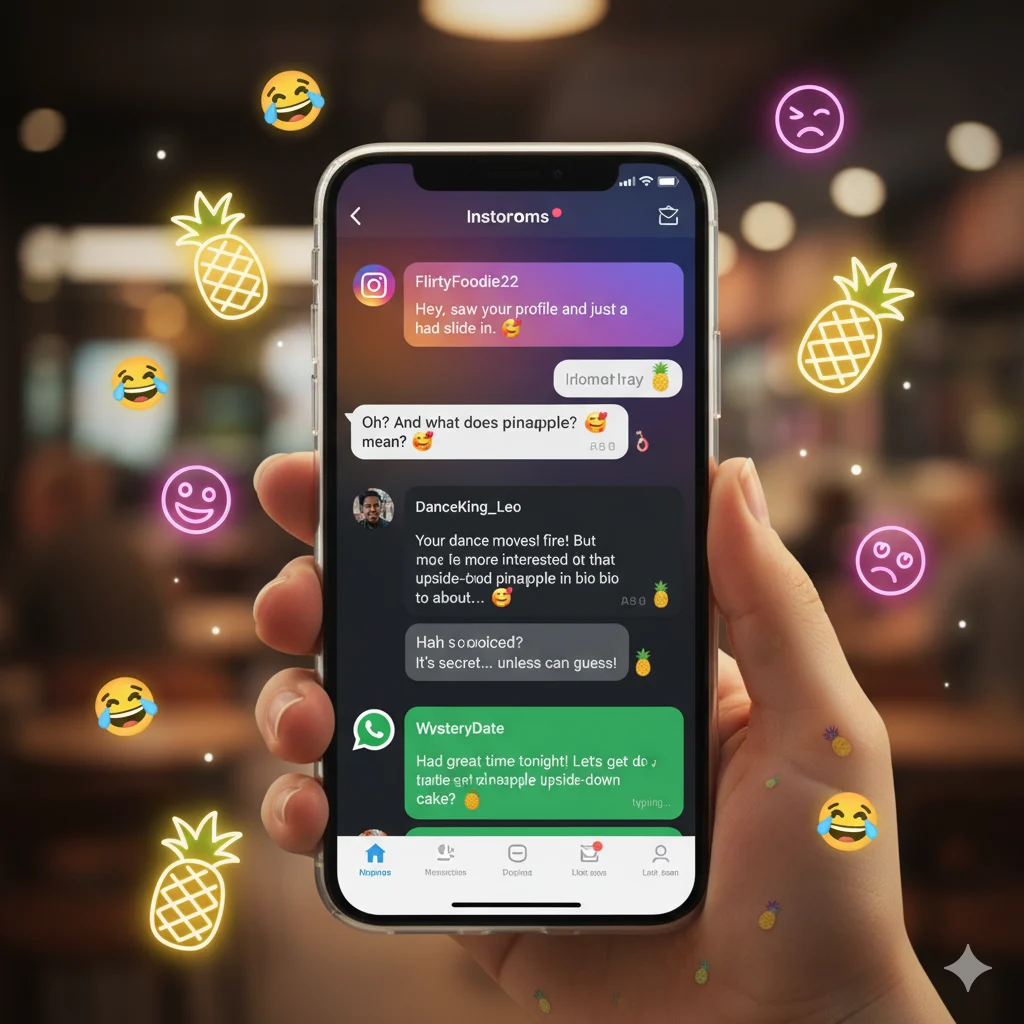 Social media and text chats showing upside down pineapple emoji usage.