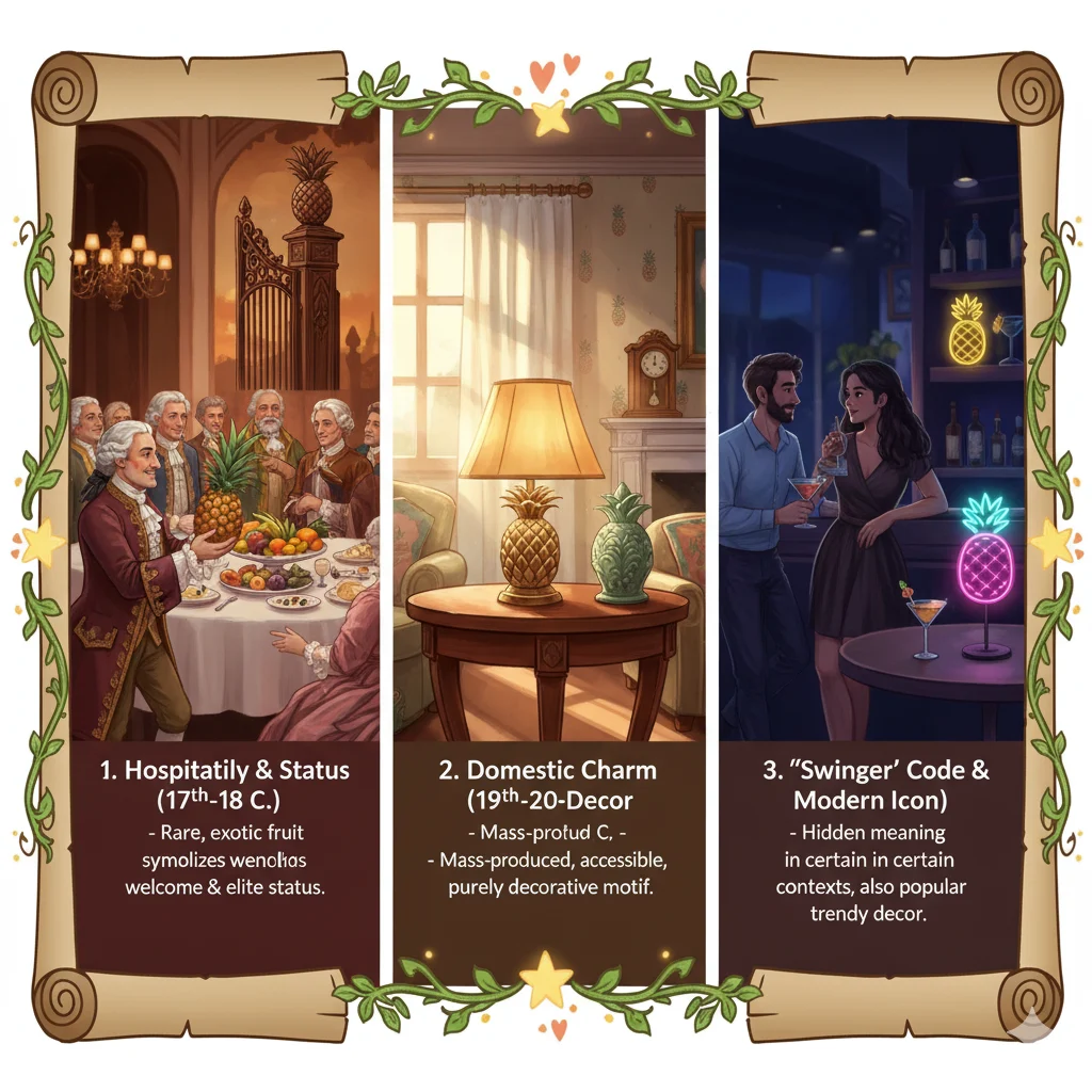 Timeline showing pineapple symbol evolution from decor to adult social meaning.