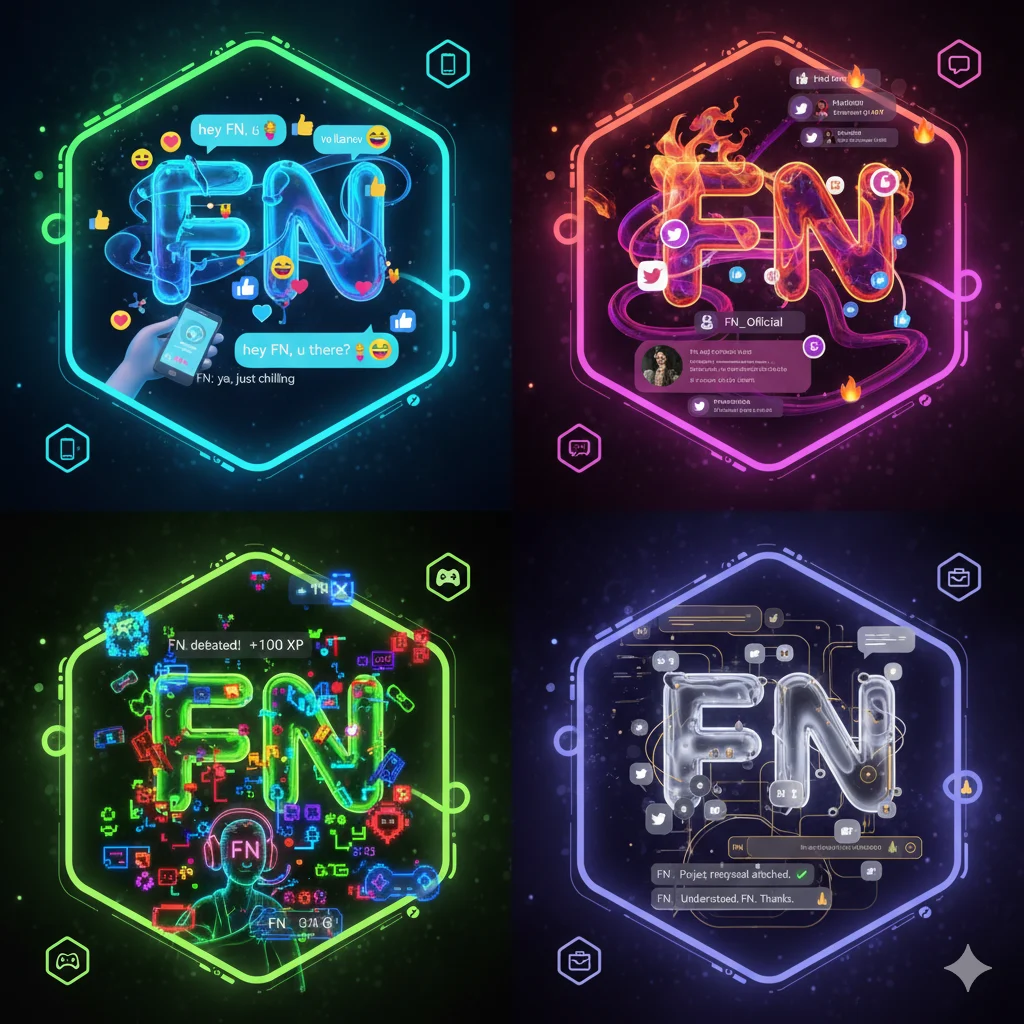 Examples of FN meaning For Now and Fortnite across texting, social media, and gaming contexts.