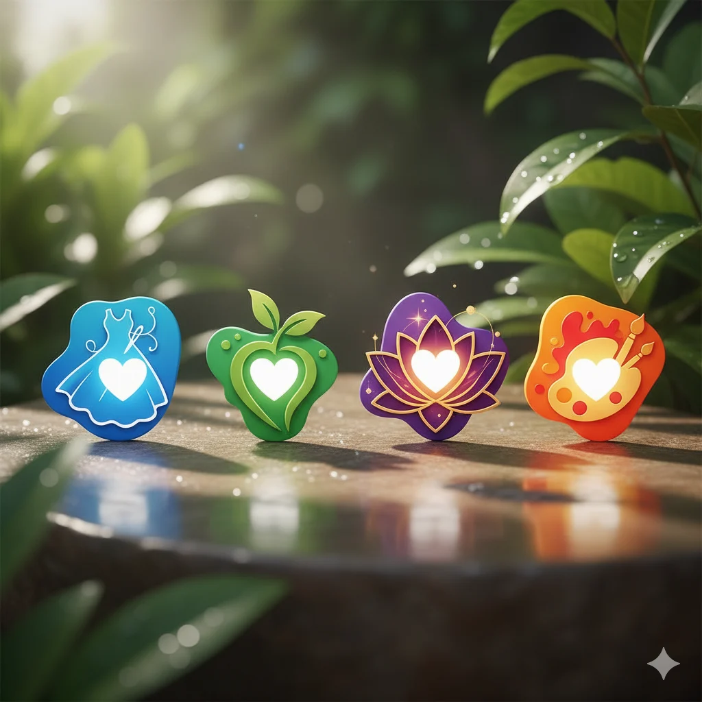 Icons representing fashion, spirituality, and healing with white heart symbols.