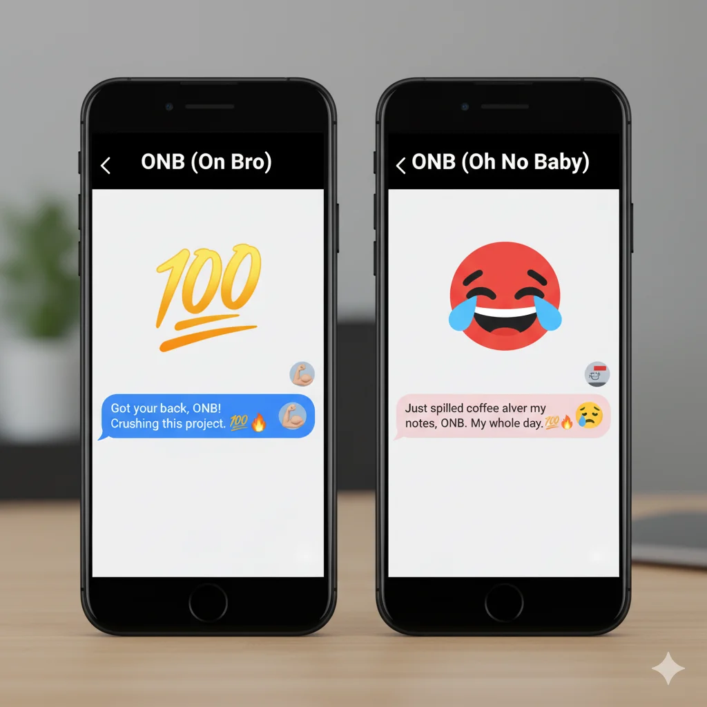 Comparison of ONB meanings with different emojis showing serious and humorous interpretations.