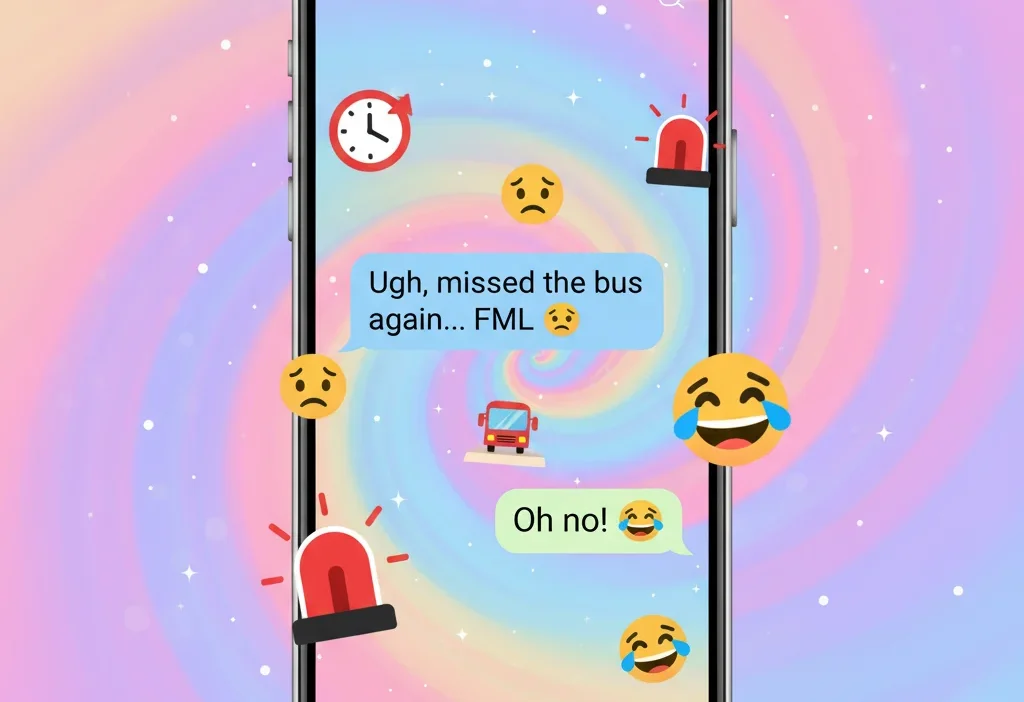 Smartphone screen showing a chat message “FML 😩” to represent the use of FML in texting.