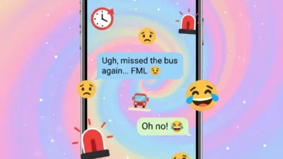 Smartphone screen showing a chat message “FML 😩” to represent the use of FML in texting.