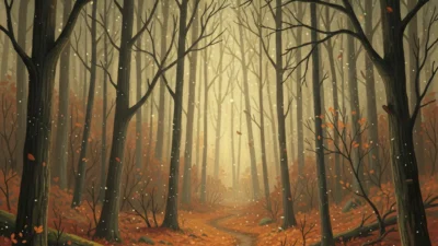 Stick season: late autumn with bare trees and fallen leaves